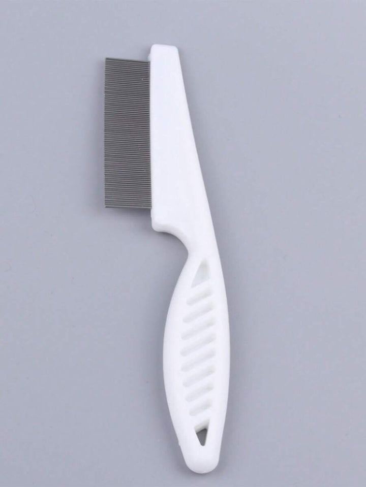 White fine-tooth pet comb with a curved vented handle on a gray background