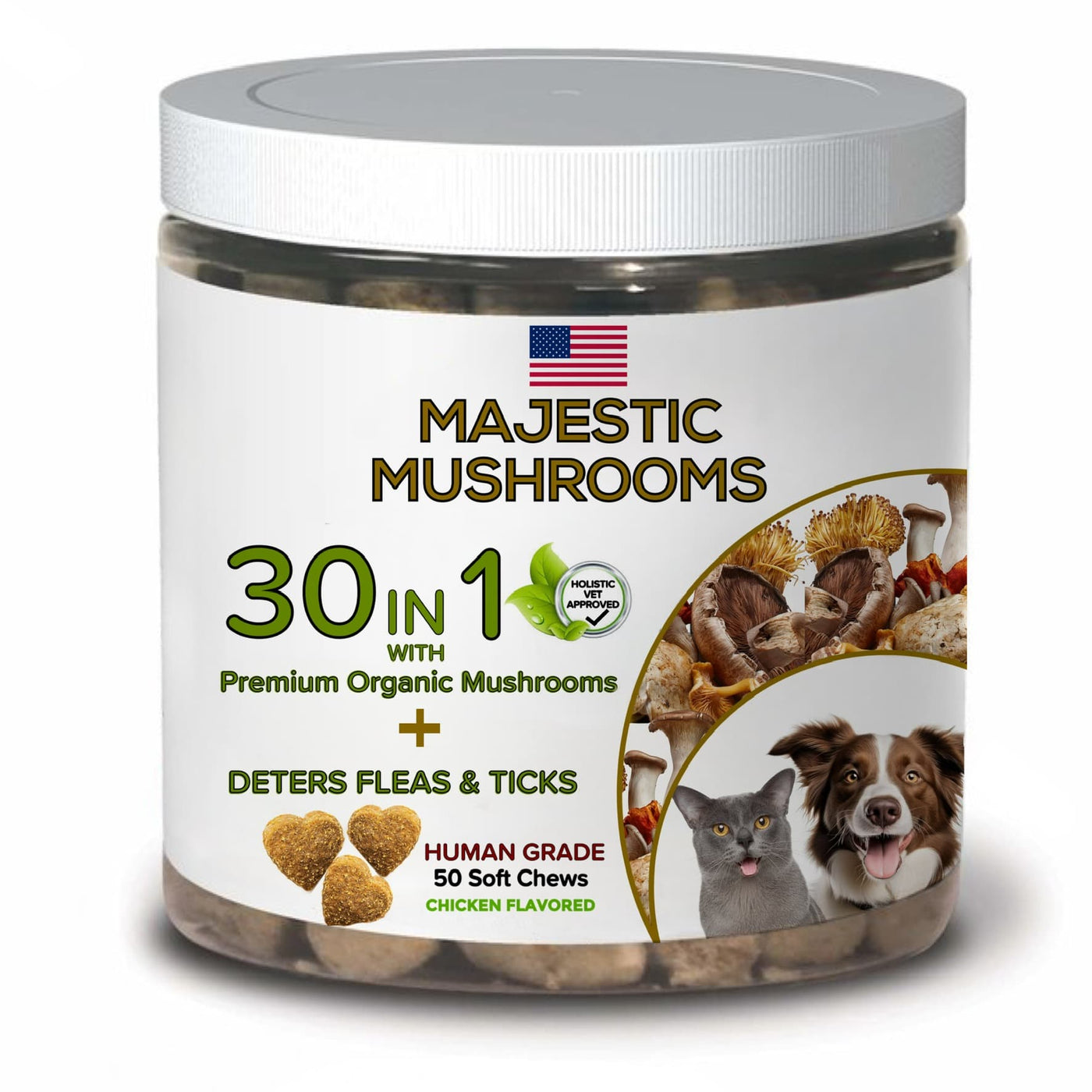 Majestic Mushrooms™ - 7 Organic Super Mushrooms with Natural Flea & Tick Defense + Human-Grade (30-in-1 MultiChew)