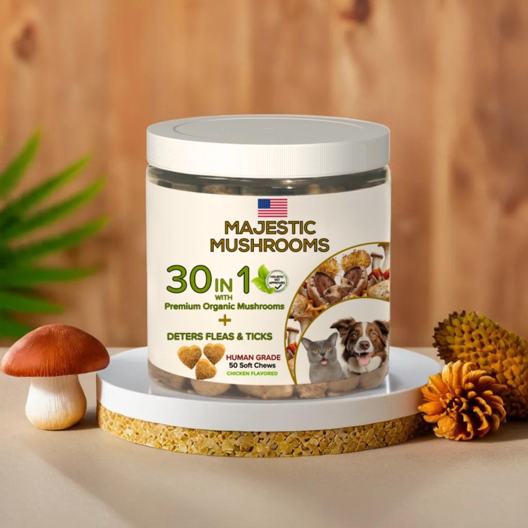 Majestic Mushrooms™ - 7 Organic Super Mushrooms with Natural Flea & Tick Defense + Human-Grade (30-in-1 Calming Chew)