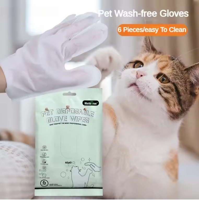 A glove wipe shown beside a cat and its six-glove pack