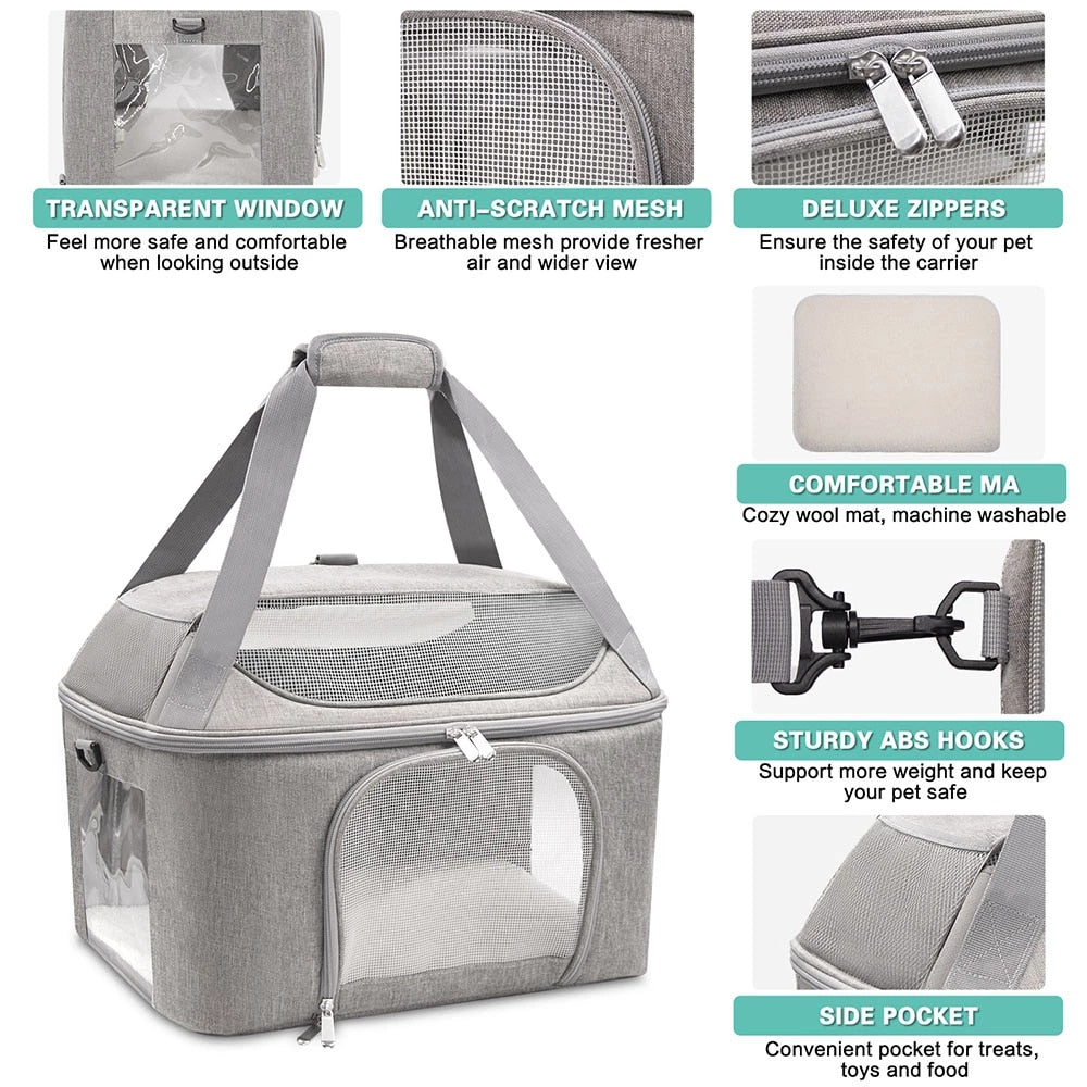 WagCarrier close-ups showing mesh, zippers, mat, tether, and side pocket