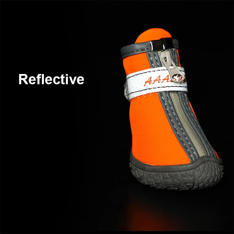 Close-up of the hiking shoe’s reflective trim, front zipper and textured sole